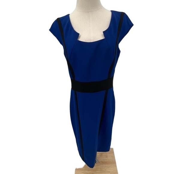 Tahari Arthur S Levine Blue Cap Sleeve Black Striped Dress Size 6 Women's - Picture 1 of 7